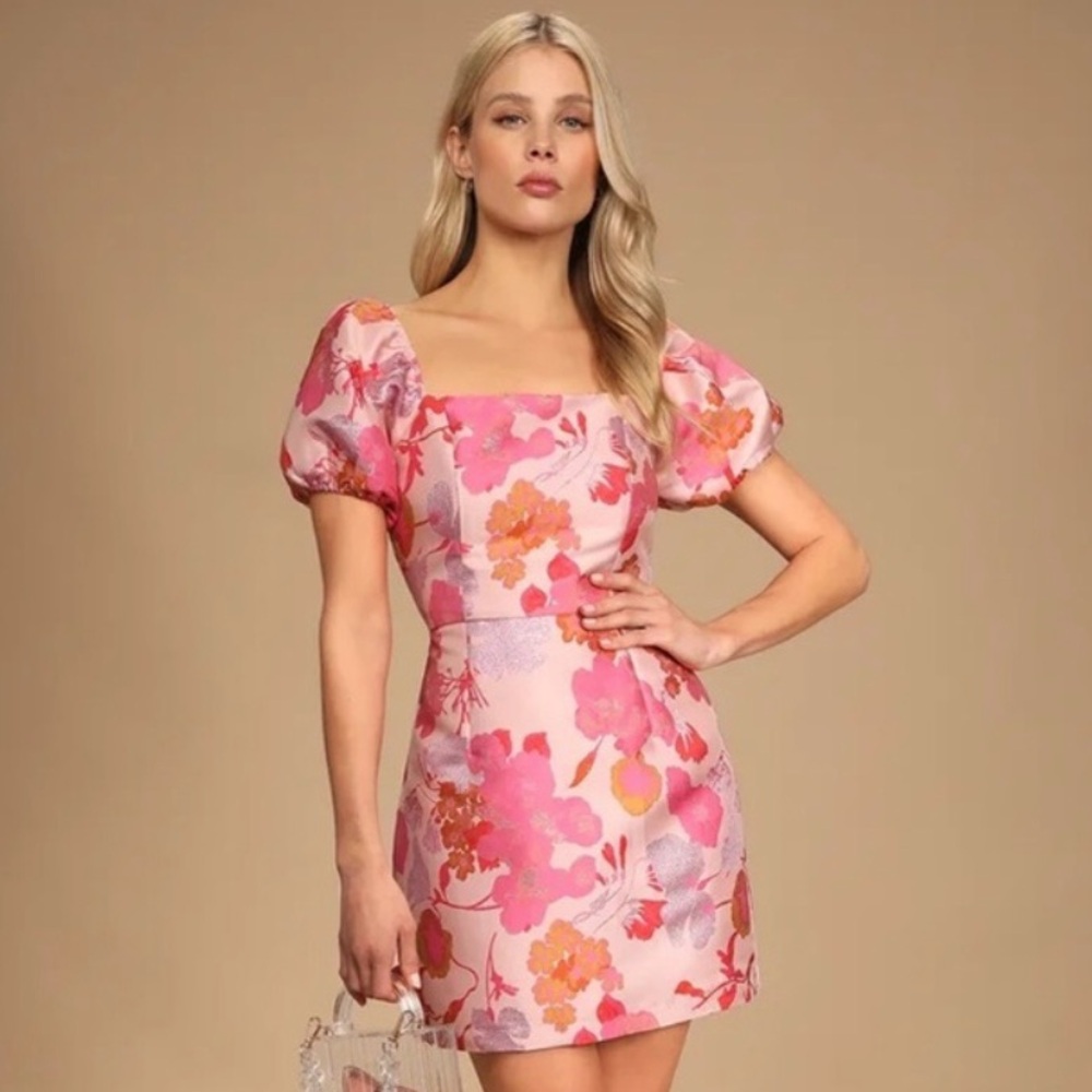NWT Lulus So Stunning Pink Orange Multi Floral Jacquard Puff Sleeve Mini Dress S